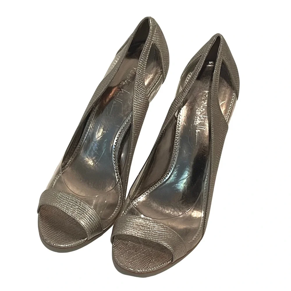 Nicole Miller NY Women's Peep Toe Heels Silver Metallic Acrylic Size‎ 8.5